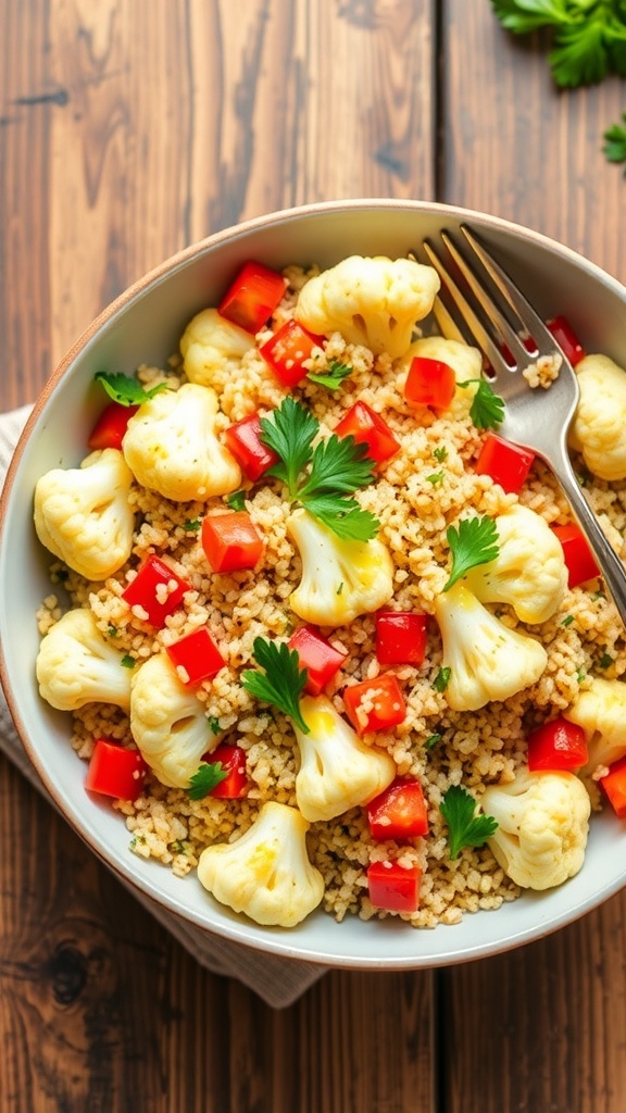 A colorful cauliflower quinoa salad with roasted cauliflower, quinoa, bell peppers, and parsley on a wooden table.